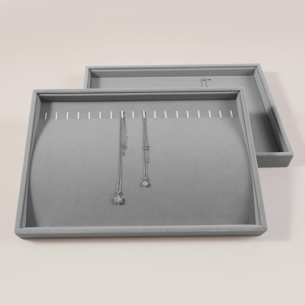 Velvet Jewelry Display Tray For Bracelet Pendant Necklace, Multi-Slot Stackable Storage Tray For Long Chain Jewelries, Drawer Insert Jewelry Organizer (Gray)