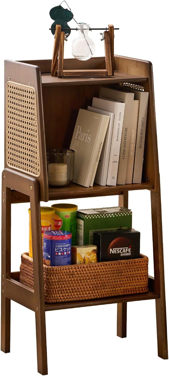 Welnow Bamboo Rattan Bookcase with Cabinet, 1-Tier Storage Shelf with Side Ta...