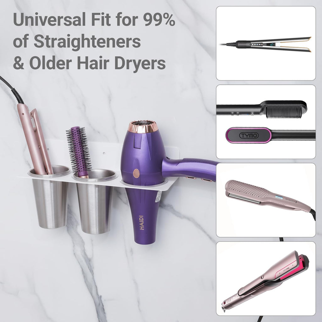 Hair Tool Organizer Wall Mount, Stainless Steel Hair Tool Holder with 2 Heat-Resistant Cups, Curling Iron Holder for Vanity, Hot Tools Organizer with PVC Ring,Hair Dryer Holder for Bathroom