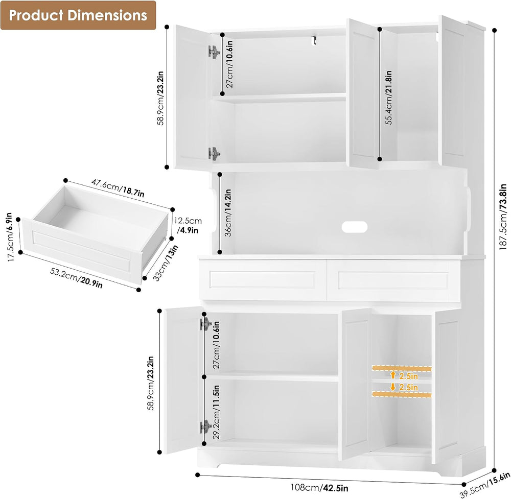 FACBOTALL 74" Pantry Cabinet, Tall Kitchen Pantry with 6 Doors & 2 D...