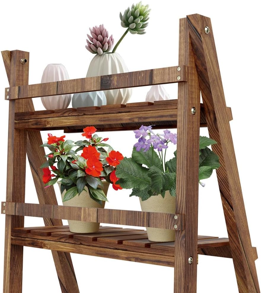 Yaheetech Wooden Plant Stand, 3 Tier Plant Stand, Foldable Ladder Shelves | Ladder Plant Stand & Outdoor Plant Shelf with Wall-Leaning Design for Living Room, Bedroom, Balcony or Patio; Simple Assembly