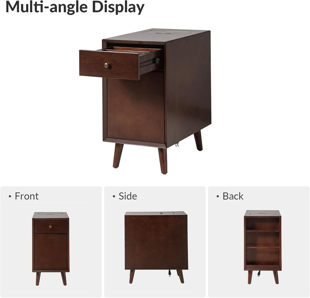 Mid Century Modern End Table with Charging Station, Wooden Side Table with US...