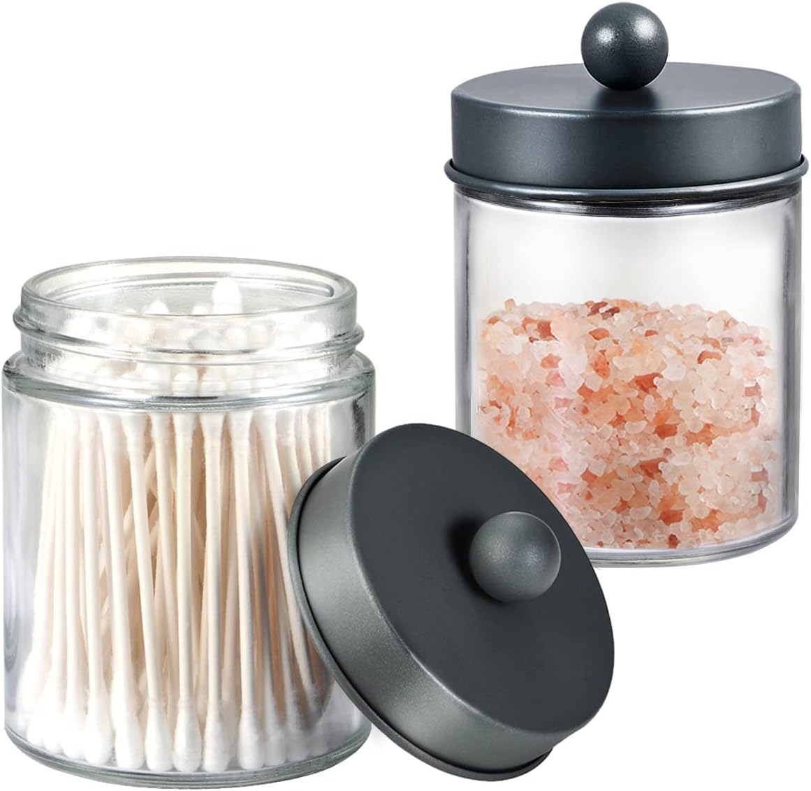 Amolliar Apothecary Jars Bathroom Storage Organizer - Cute Qtip Dispenser Holder Vanity Canister Jar Glass with Lid for Cotton Swabs,Rounds,Bath Salts,Makeup Sponges,Hair Accessories/Grey（2 Pack）