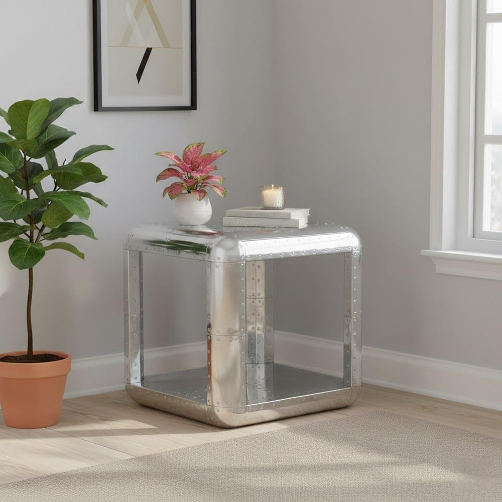 Aviator Side Table with Small Drawer Aluminum Finish Industrial Riveted Accen...