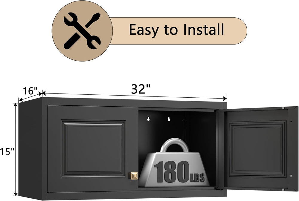 32" Wall Storage Cabinet with 2 Doors & Gold Handle | Black Metal, H...