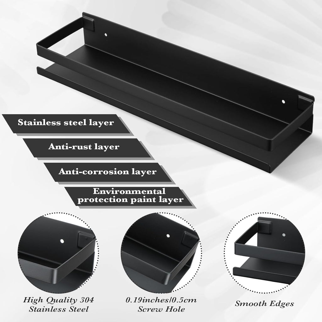 Lallisa 2 Pieces Stainless Steel Shelf Bathroom Shower Floating Shelves Wall Mounted Shower Caddy Basket Shelf Storage Organizer Shelves for Bathroom, Kitchen, Living Room (Black,15.75 Inch/ 40 cm)