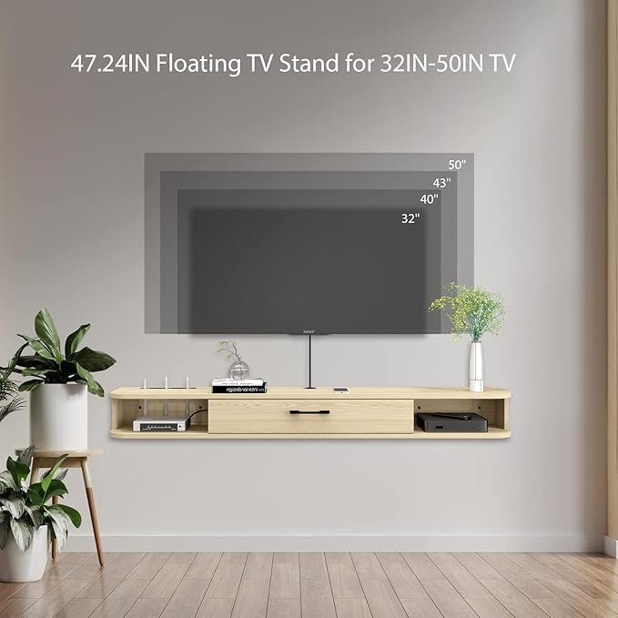 Floating TV Unit, 47'' Wall Mounted TV Cabinet, Floating Shelves with Door, Modern Entertainment Media Console Center Large Storage TV Bench for Living Room & Office (47.24IN, Light Oak)