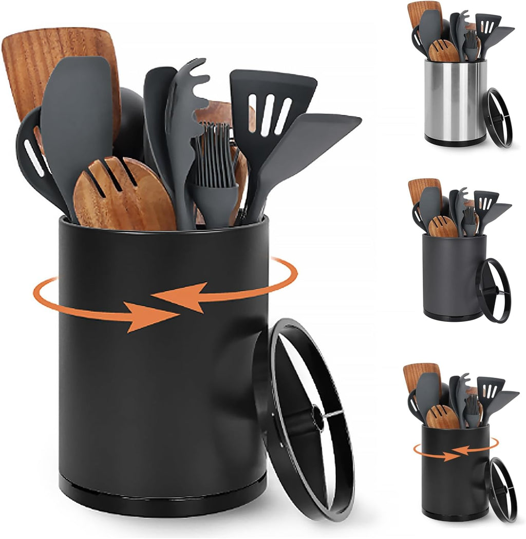 Nigelia Extra Large Kitchen Utensil Holder, 360° Rotating Stainless Steel Cooking Utensil Holder for Countertop, 3 Compartment Flatware Organizer & Cooking Caddy with Removable Base（Black）
