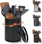 Nigelia Extra Large Kitchen Utensil Holder, 360° Rotating Stainless Steel Cooking Utensil Holder for Countertop, 3 Compartment Flatware Organizer & Cooking Caddy with Removable Base（Black）