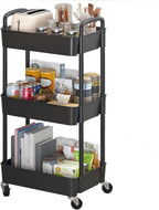 Sywhitta 3-Tier Plastic Rolling Utility Cart with Handle, Multi-Functional Storage Trolley for Office, Living Room, Kitchen, Movable Storage Organizer with Wheels, Black