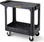 ELAFROS Heavy Duty Plastic Utility Cart Flat top 37 x 18.8 Inch - Work Cart Flat Shelves and 2 Fixed 2 Swivel Wheels Safely Holds up to 550 lbs - 2 Tier Service Cart for Warehouse,Garage, Black