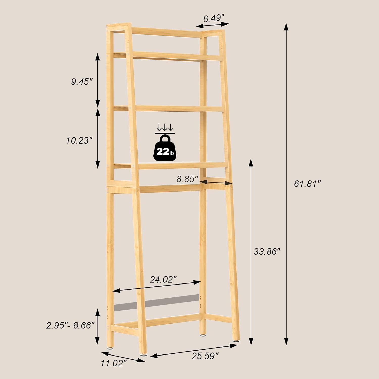 VASMIA Over The Toilet Storage,Bamboo 3-Tier Bathroom Organizer Over Toilet Storage Cabinet,Freestanding Space Saver with 3 Hooks Natural