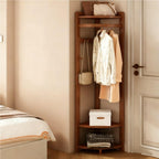 Bamboo Corner Coat Rack, Floor-Standing Clothing Rack with Hooks(Brown) | Storage Rack with Corner Shelves, Multifunctional Coat Stand for Living Room, Entrance, and Bedroom