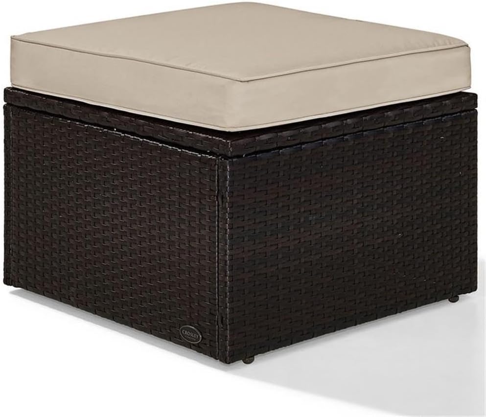 Pemberly Row Wicker Patio Ottoman, Brown Finish with Sand Cushions, Resin Wic...