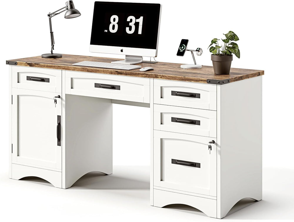 Decofy Farmhouse Executive Desk with Drawers, 55" Home Office Desks with...