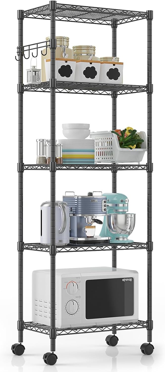 Himimi 5-Tier Wire Shelving Unit on Wheels, Adjustable Heavy Duty Metal Shelves with Side Hooks, Metal Organization Wire Rack for Kitchen Garage Basement, 13" L x 23" W x 72" H, Black