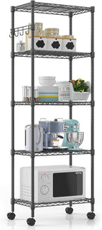 Himimi 5-Tier Wire Shelving Unit on Wheels, Adjustable Heavy Duty Metal Shelves with Side Hooks, Metal Organization Wire Rack for Kitchen Garage Basement, 13" L x 23" W x 72" H, Black