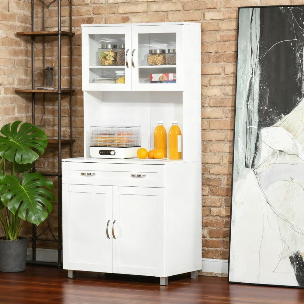 Modern Freestanding Kitchen Pantry Cabinet, 2 Double-Door Cabinets & Pull-Out Drawer, Framed Glass Doors, Anti-Topple Design, 31.5" W x 67" H