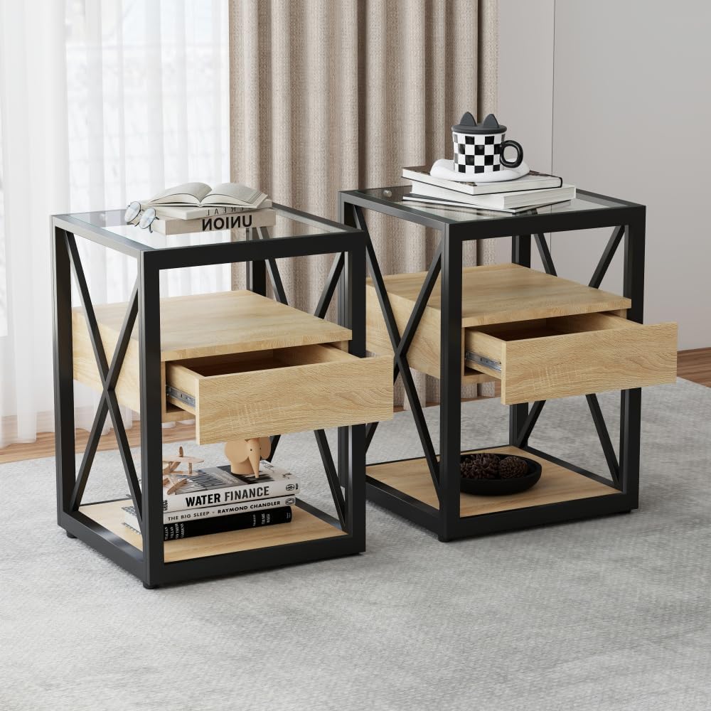 End Table Set of 2, Natural Wood MDF with Tempered Glass Top and Drawer | Ind...