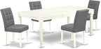 East West Furniture DOAS5-LWH-41 5 Piece Kitchen Table Set Includes A Dinner Table and 4 Platinum Gray Polyester Fabric Person Chairs with Stylish Back- Linen White Finish