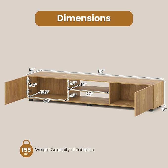 Tangkula Modern TV Stand for up to 70” TVs, 63”L Minimalist Entertainment Center w/ 2 Doors & Open Shelves, Media Console Table Storage Cabinet with 6 Support Feet for Living Room (Natural, 63”L)