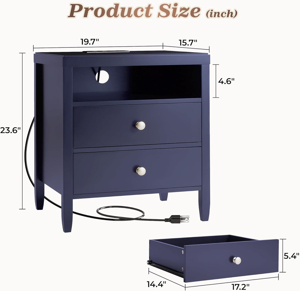 Huuger Blue Nightstand Set of 2, Night Stand with Charger Station, Bedside Table with 2 Drawers, Bed Side Tables for Bedroom, Modern Nightstands, Metal Knobs, Painted Surface