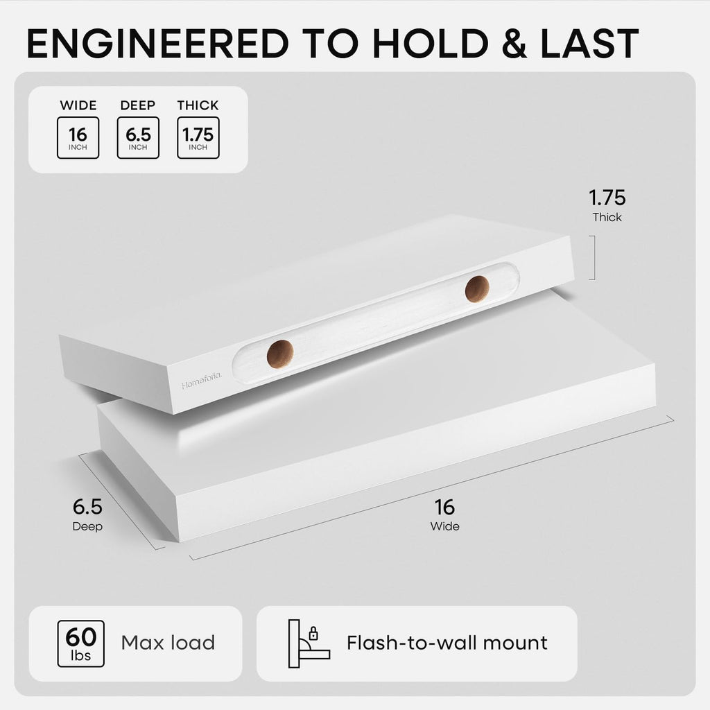 Homeforia White Floating Shelves 16 inch, High End Solid Real Wood 16inch Bathroom Floating Shelf for Wall Mounted, White Wooden 16 Floating Shelves, Heavy Duty Bracket, 16 X 6.5 X 1.75 inch, Set of 2