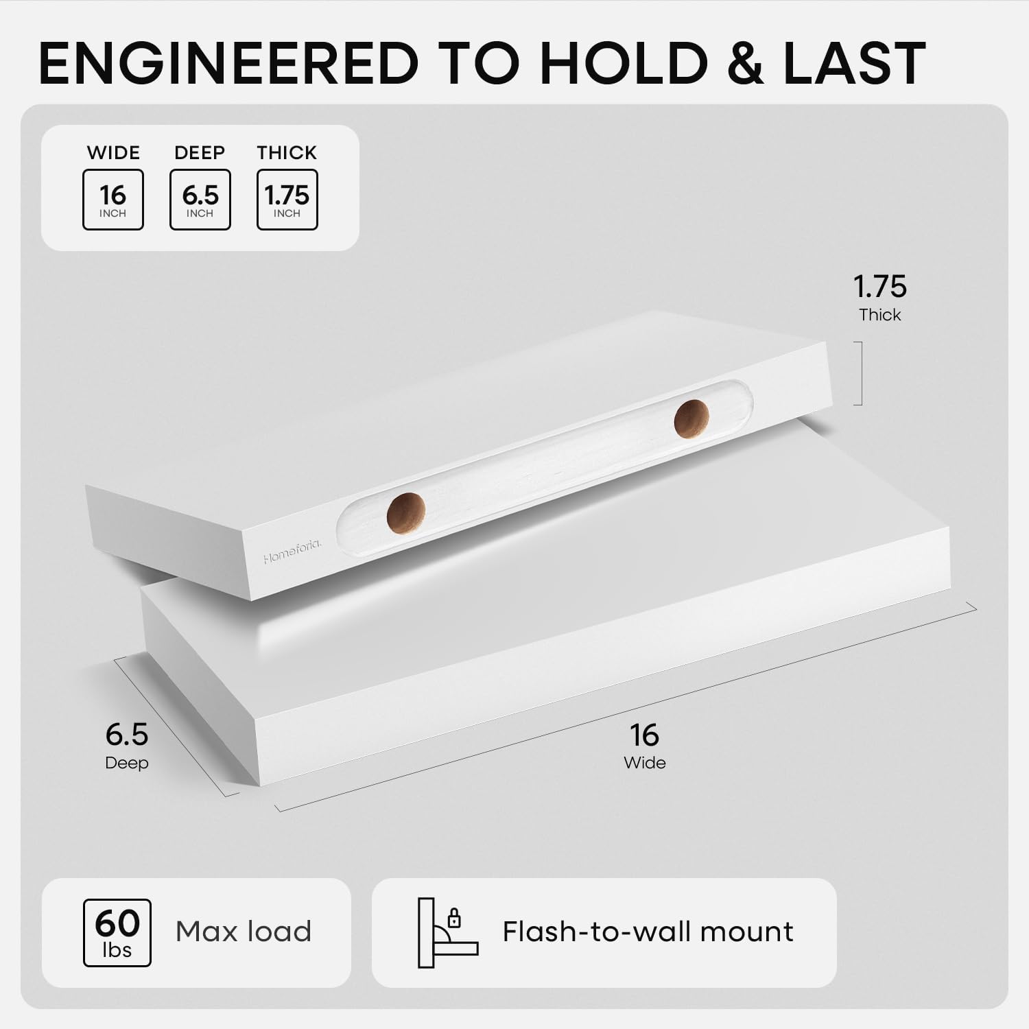 Homeforia White Floating Shelves 16 inch, High End Solid Real Wood 16inch Bathroom Floating Shelf for Wall Mounted, White Wooden 16 Floating Shelves, Heavy Duty Bracket, 16 X 6.5 X 1.75 inch, Set of 3