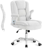 SEATZONE White Plush Office Chair Ergonomic Desk Chair with Lumbar Support, Flip-Up Arms, Adjustable Swivel Computer Chair with Wheels, Soft Fleece Cute Office Chair for Home Bedroom Vanity