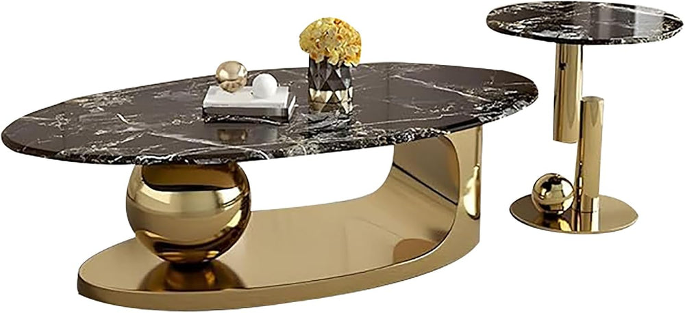 Modern Coffee Table Set of 2 - Stylish Black & Gold Oval Nesting Tables f...