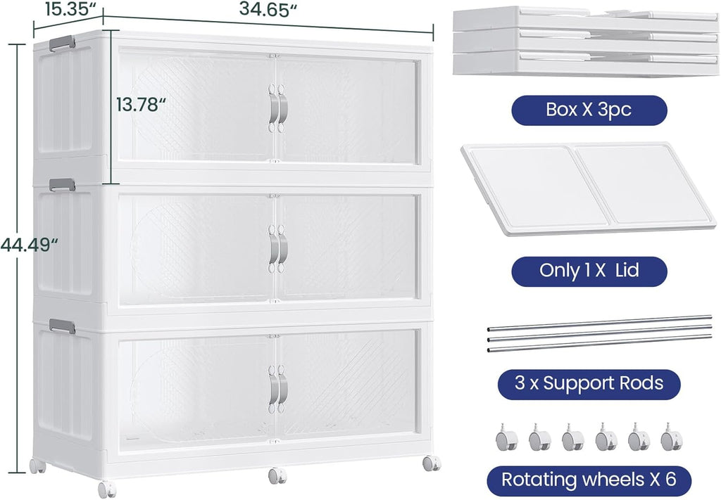 720QT Extra Large Stackable Storage Bins with Lid & Wheels & Doors, 180Gal Foldable Collapsible Closet Organizers, Plastic Cabinet Box Container Drawer for Home Kitchen Bedroom, 3Pack White