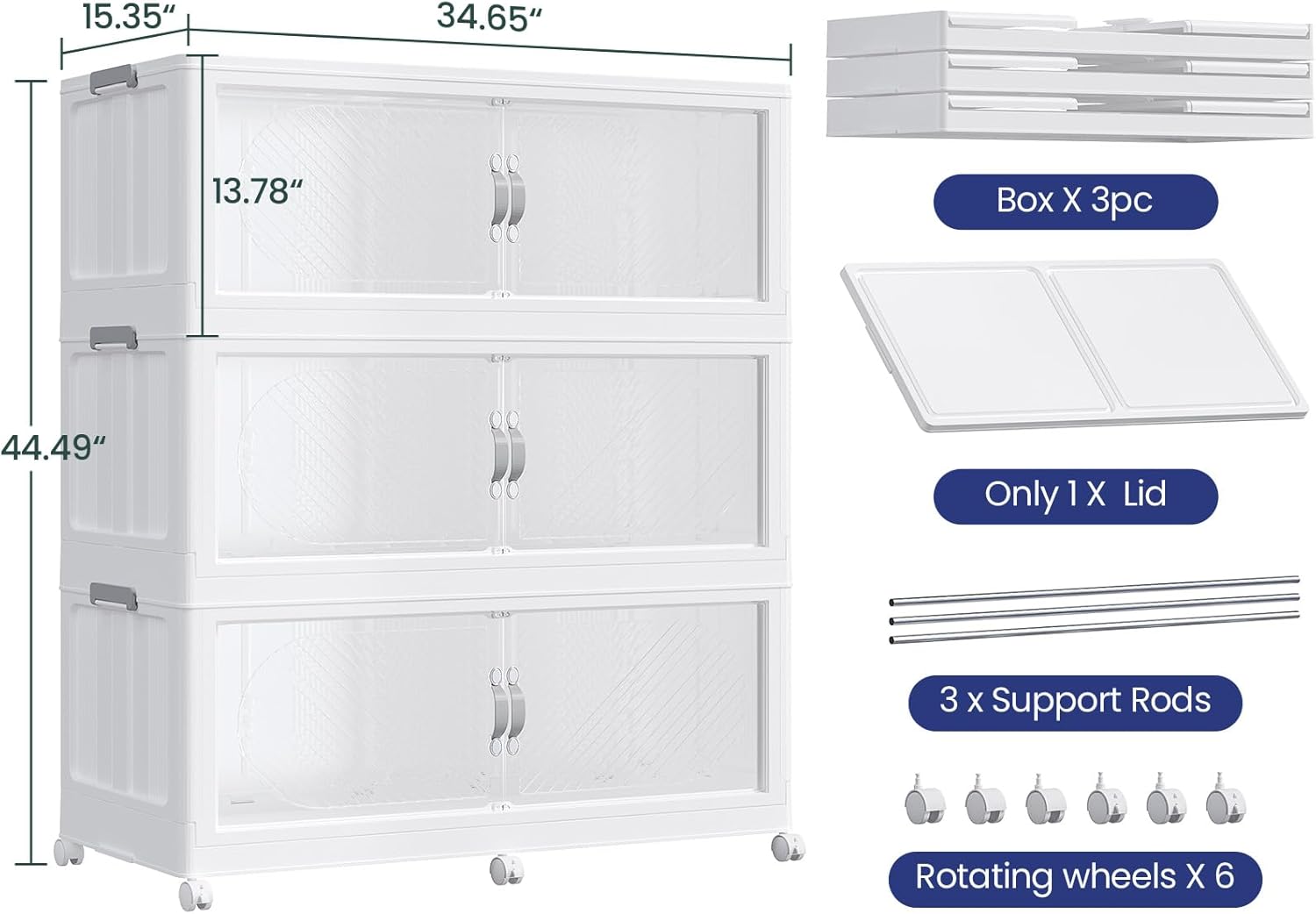 720QT Extra Large Stackable Storage Bins with Lid & Wheels & Doors, 180Gal Foldable Collapsible Closet Organizers, Plastic Cabinet Box Container Drawer for Home Kitchen Bedroom, 3Pack White