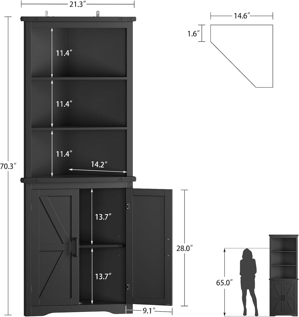 Farmhouse Corner Cabinet, 70.3" H Tall Corner Hutch with 5 Shelves &...