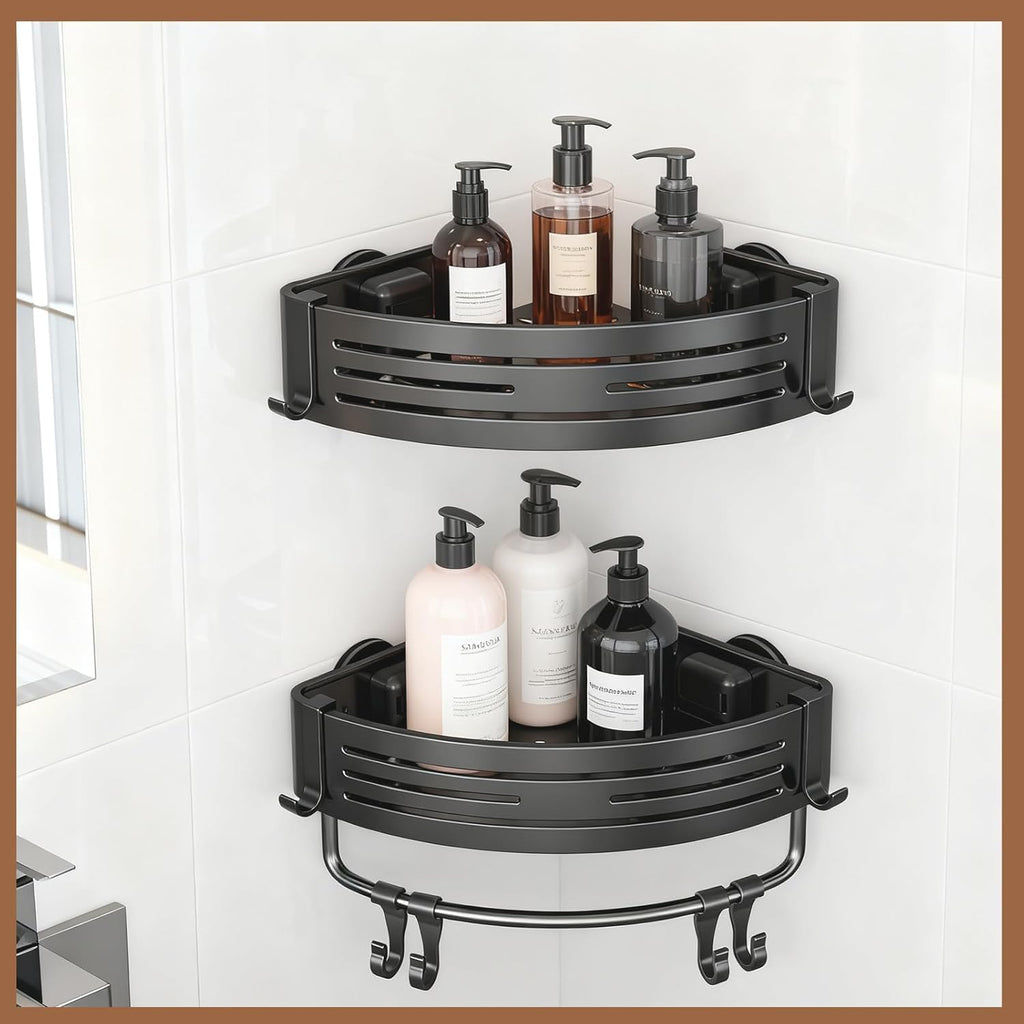 Aluminum Corner Shower Caddy, Rust Proof Bathroom Organizer with Suction Cup, Press Fit Tripod Design, Storage Rack for Shampoo