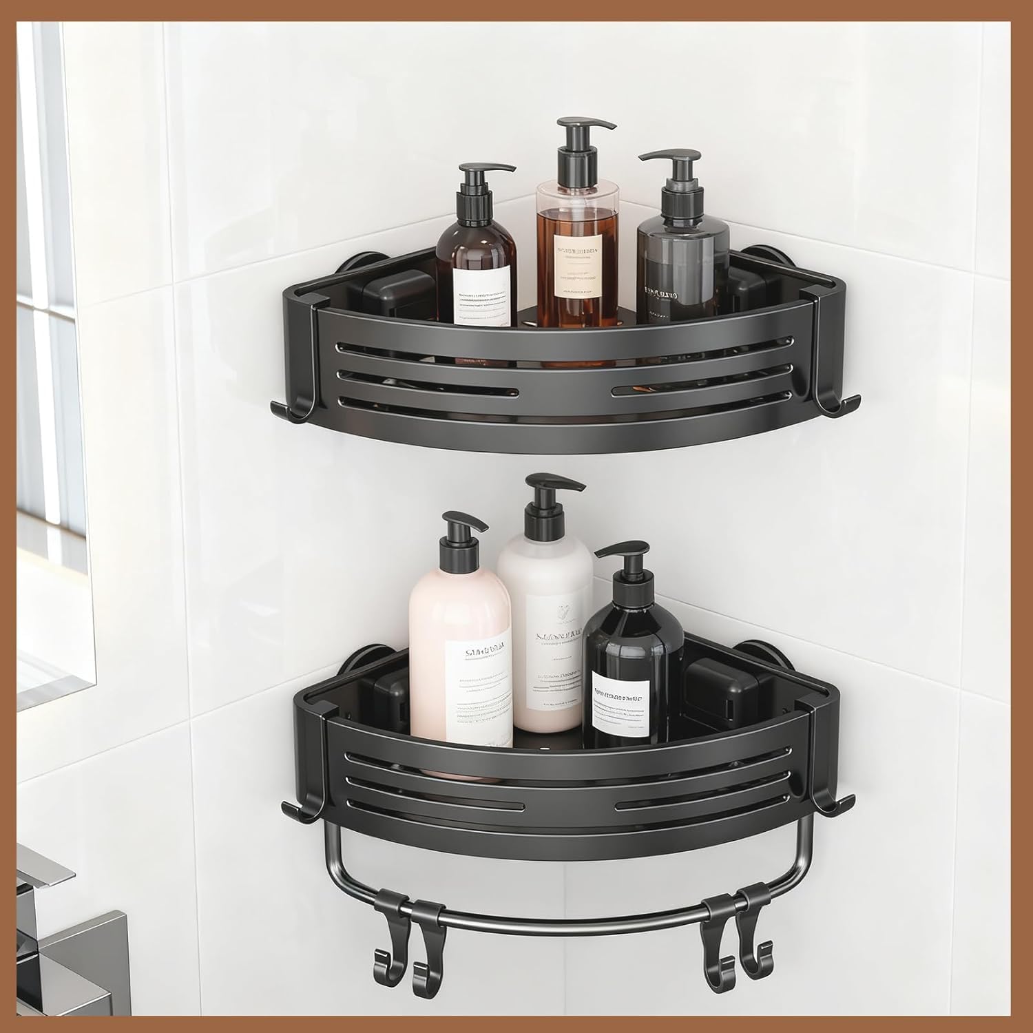 Aluminum Corner Shower Caddy, Rust Proof Bathroom Organizer with Suction Cup, Press Fit Tripod Design, Storage Rack for Shampoo