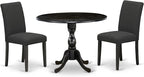 East West Furniture DMAB3-ABK-24 3 Piece Modern Dining Table Set Contains a Round Wooden Table with Dropleaf and 2 Black Color Linen Fabric Upholstered Chairs, 42x42 Inch, Wirebrushed Black