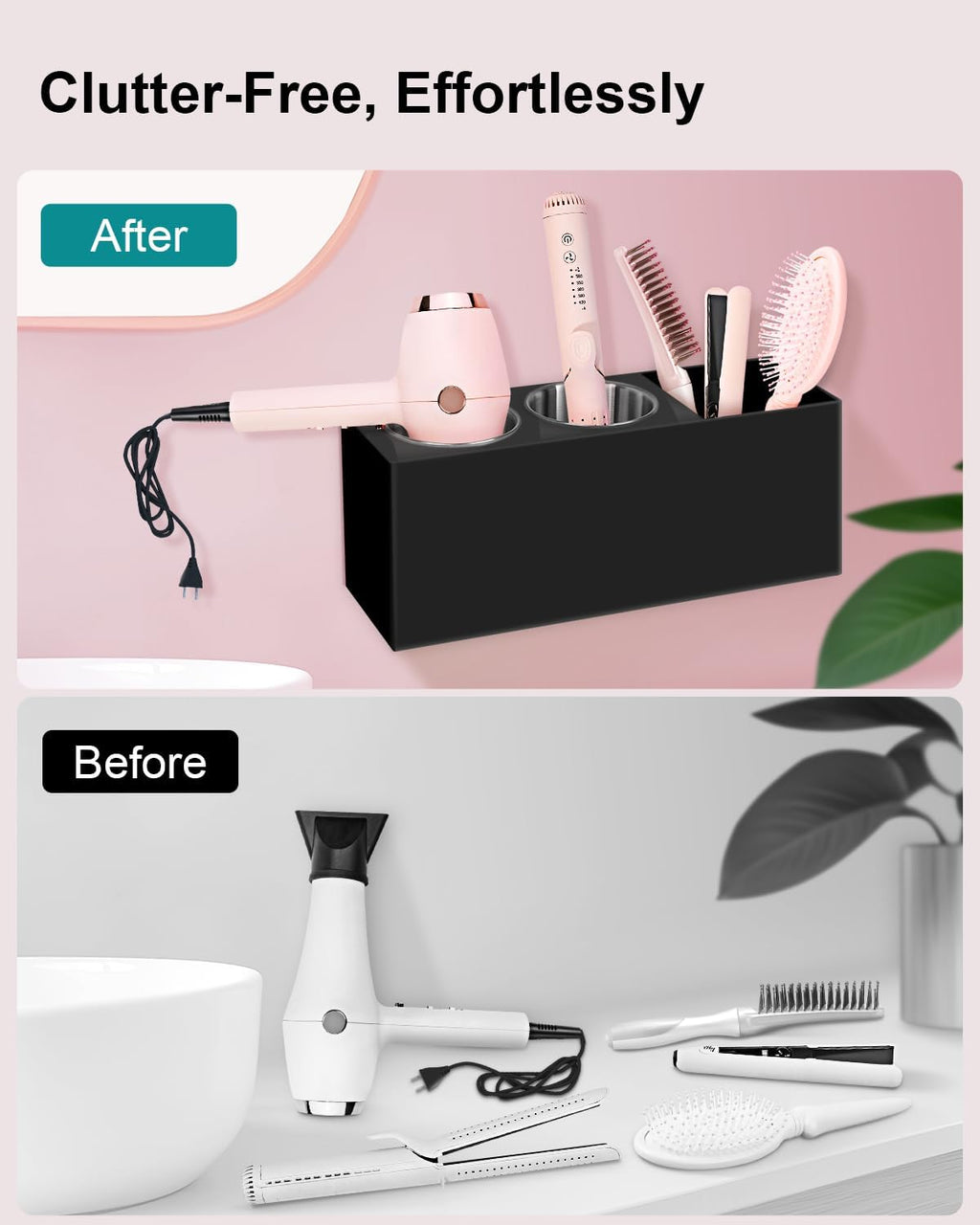 Hair Tool Organizer, Hair Dryer Holder with Heatproof Steel Cups, Acrylic Vanity Organizer for Curling Iron, Flat Iron & Hair Brushes, Perfect for Bathroom (Black, Standard)