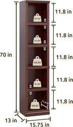 70" Tall Mahogany Bookcase, 5 Tiers Narrow Bookshelf for Living Room | 15" Wide Book shelf, Book Case for Hallway Kitchen Home Office Bathroom, Open Storage Organizer with Adjustable Shelf