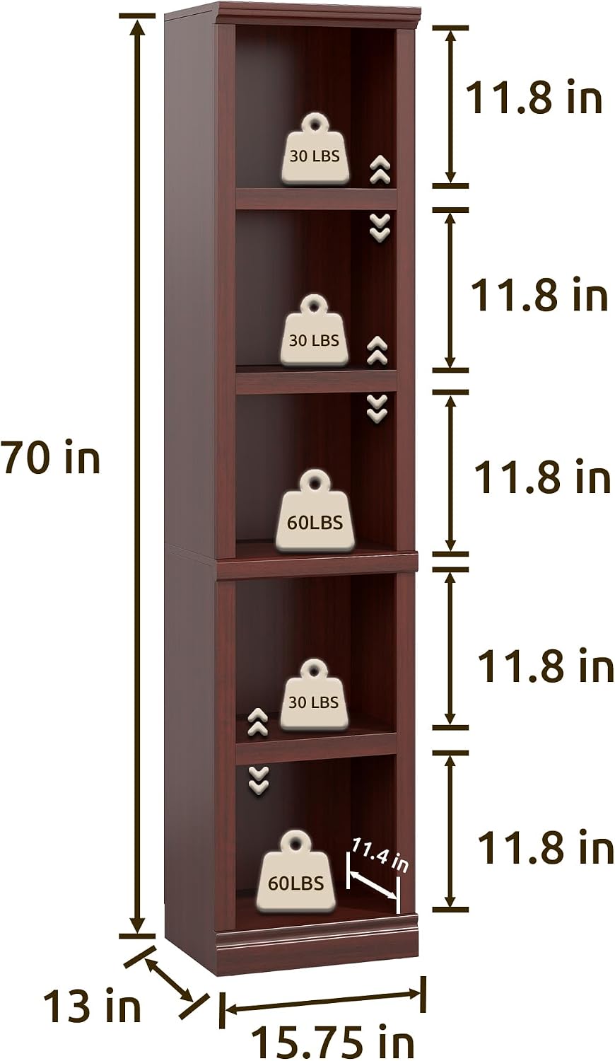 70" Tall Mahogany Bookcase, 5 Tiers Narrow Bookshelf for Living Room | 15" Wide Book shelf, Book Case for Hallway Kitchen Home Office Bathroom, Open Storage Organizer with Adjustable Shelf