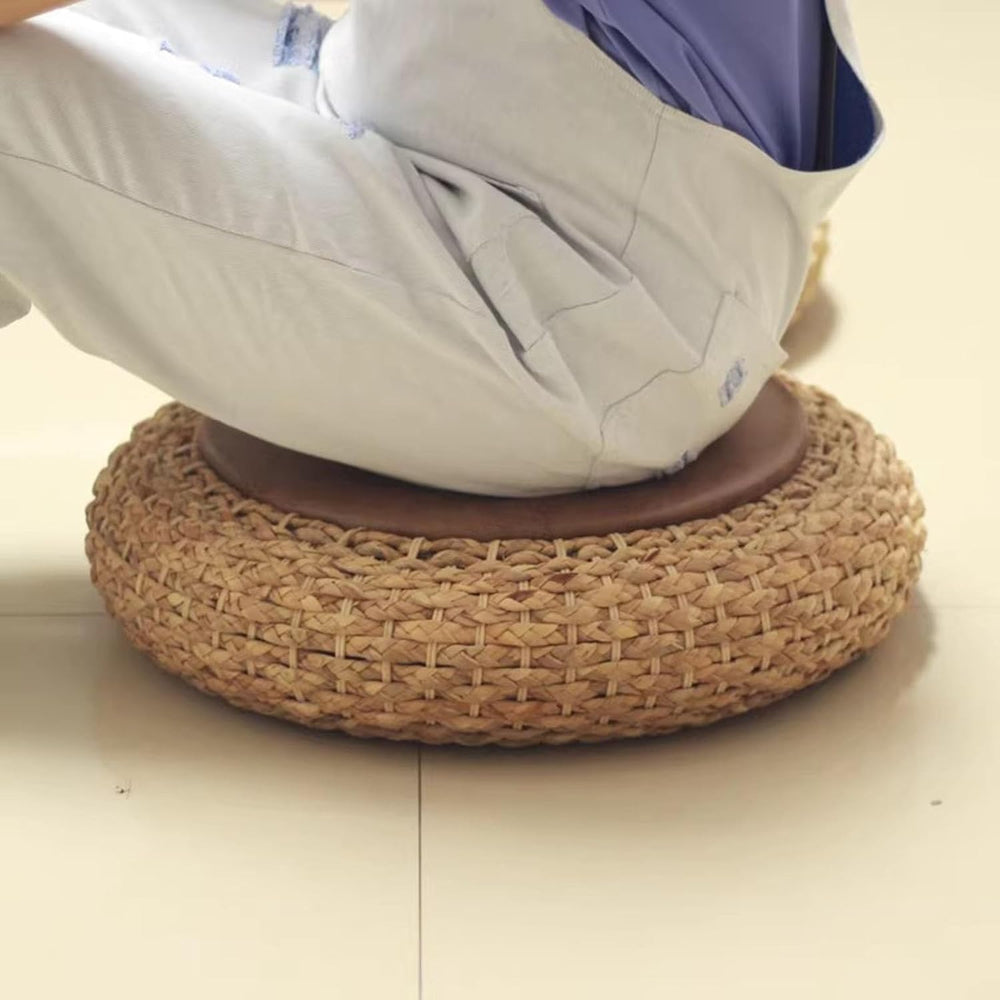 Round Straw Knitted Pouf, Foot Stool Leather Roof Steel Frame Stuffed Futon,f...