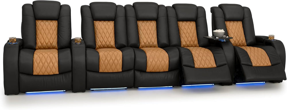 Seatcraft Diamante Black/Tan Oak Italian Leather Home Theater Seating, Zero G...