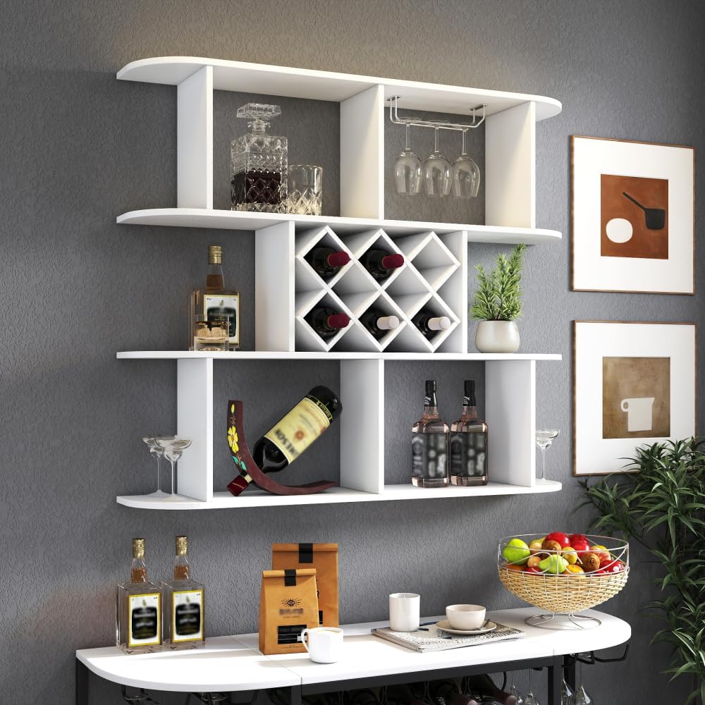 Rustic Large Wall Mounted 3-Tier Wine Rack with Wine Glass Holder, Multifunct...