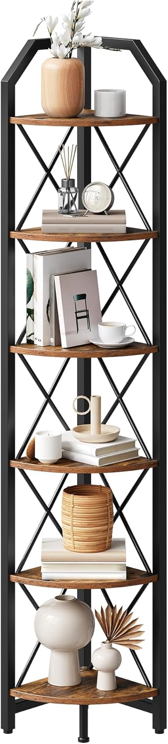 CHOEZON 6-Tier Corner Shelf, Industrial Corner Bookshelf, 71.2" Corner S...