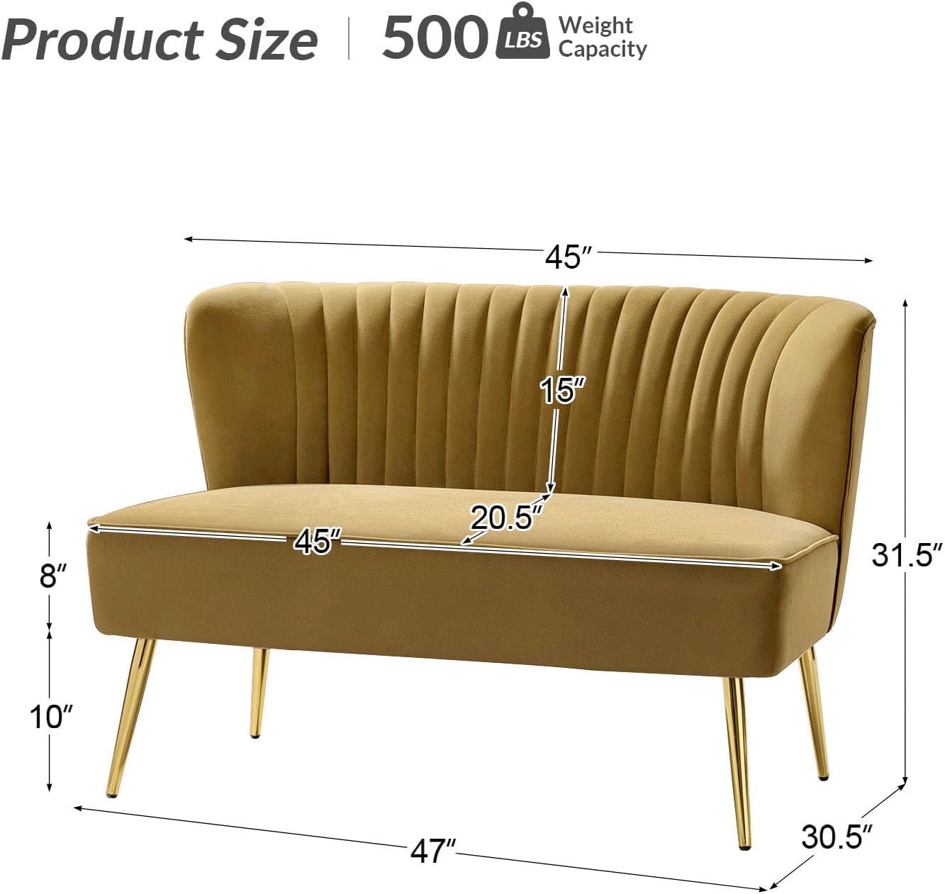 TINA'S HOME Mid-Century Velvet Loveseat Sofa, Upholstered Loveseat Couch with Golden Metal Legs, Small Tufted 2-Seat Sofa Armless Love Seat for Living Room Bedroom, Golden