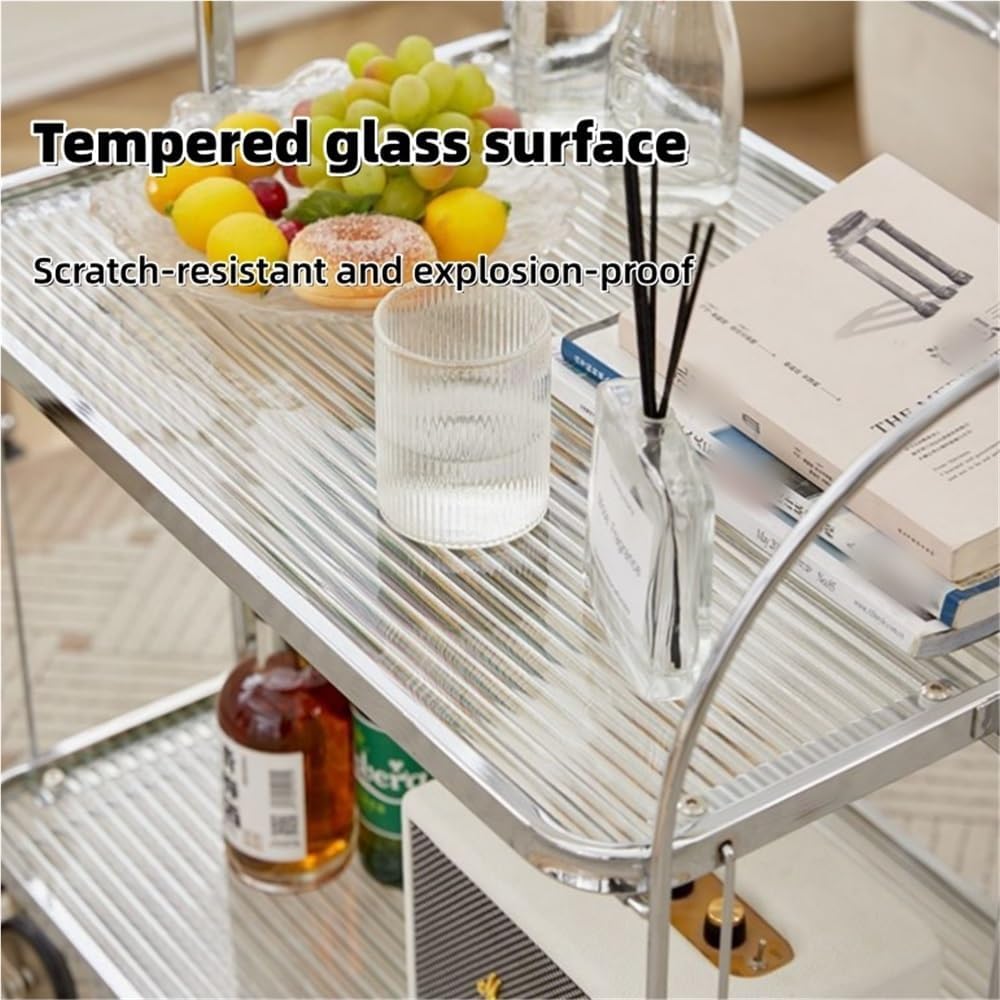 Folding Side Table with Tempered Glass Top, Double Layer Minimalist Rolling C...