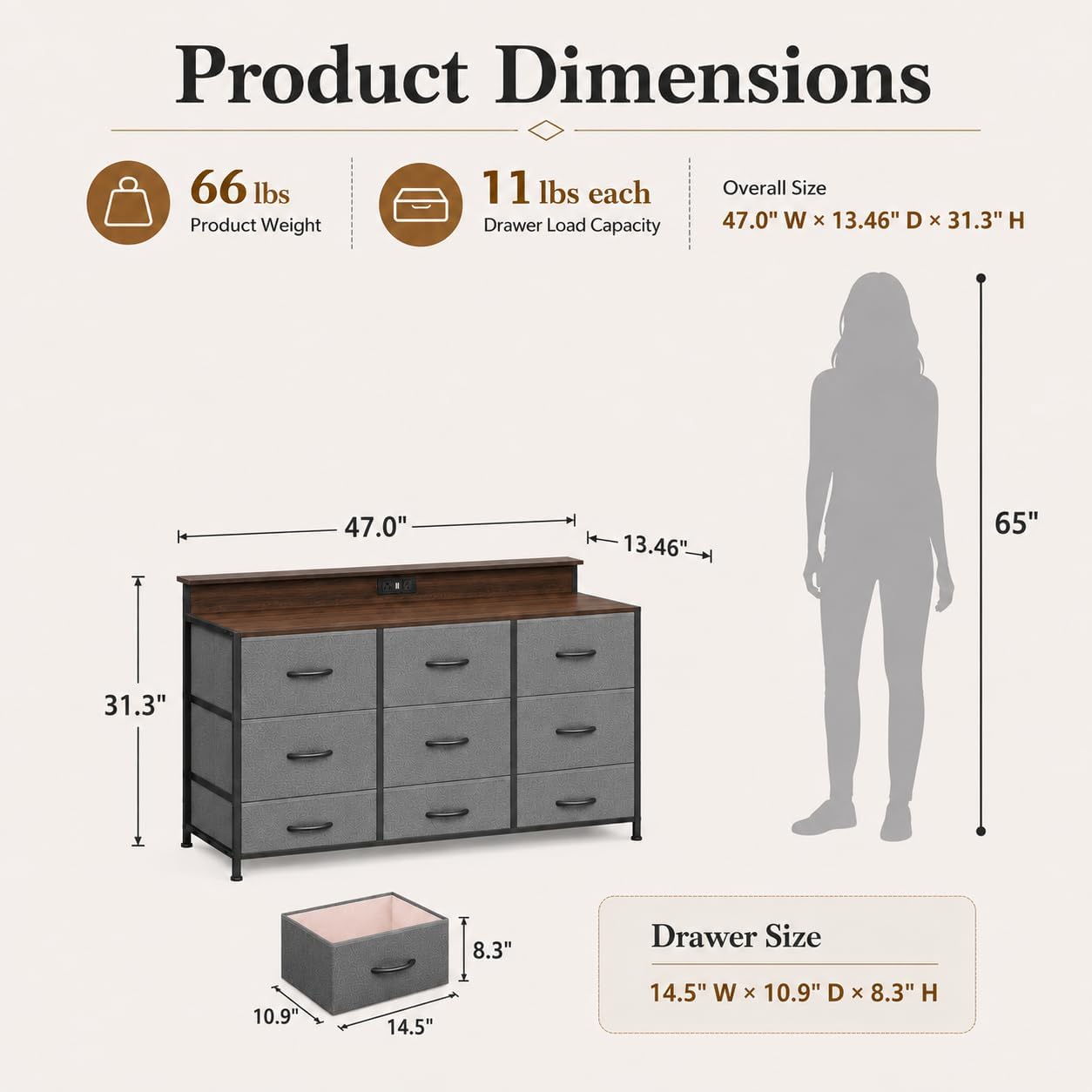WLIVE Grey Dresser TV Stand for 45, 50, 55 inch TV, Entertainment Center with LED Lights & Charging Station, TV Media Console Table with 9 Fabric Drawers and Open Shelves for Living Room, Dark Grey