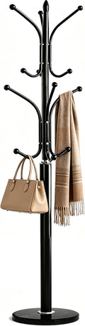 12 Hooks Metal Coat Rack Freestanding Coat Tree with Marble Base, Heavy Duty Coat Rack Stand for Clothes Hats Bags, Coat Hanger Stand for Corner Entryway Bedroom Office (Black)