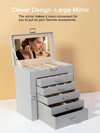 BOOVO Jewelry Box For women, 6 Layer Large Jewelry Organizer With Mirror, Multi-Function Storage Box With Lock, Necklace Holder With 5 Drawers, For Earrings Necklace Bracelet (Silver and Grey)