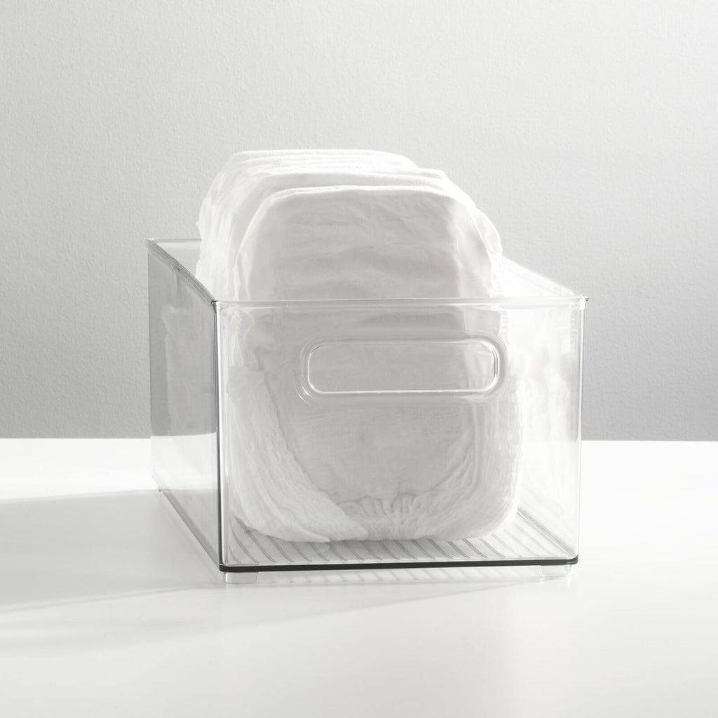 mDesign Plastic Deep Bin Organizer Caddy Container w/ Handles for Nursery, Kitchen, Pantry, Bathroom, Cabinet Storage Organization - Holds Snacks, Bottles, Baby Food Jar, Diaper - 14" Long -Clear