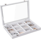 Frebeauty Velvet Jewelry Tray,12 Grid Jewelry Organizer with Clear Lid,Bracelets Holder,Jewelry Display Case with Clasp,Drawer Insert Bangle Brooch,13.8 x 9.5 x 2 Inches,Gift for Women Girls(White)